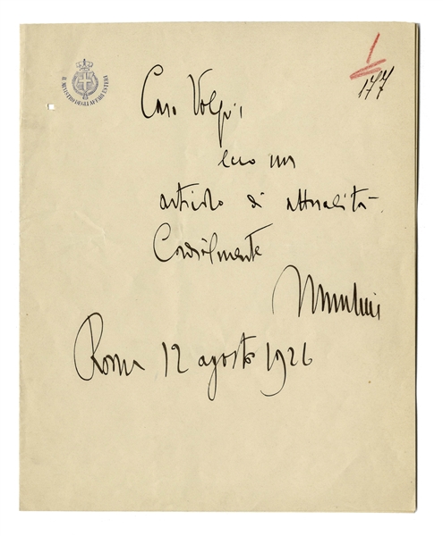 Benito Mussolini Autograph Letter Signed